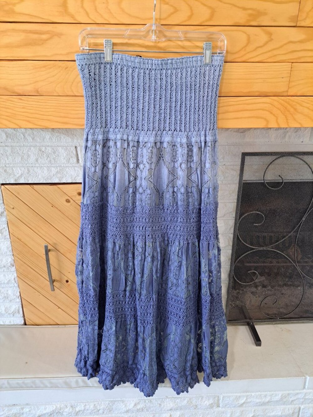 Boho Lace Maxi Skirt Blue Crochet Elastic Waist Tassel Tie Flowy Womens L Gypsy - Picture 5 of 12